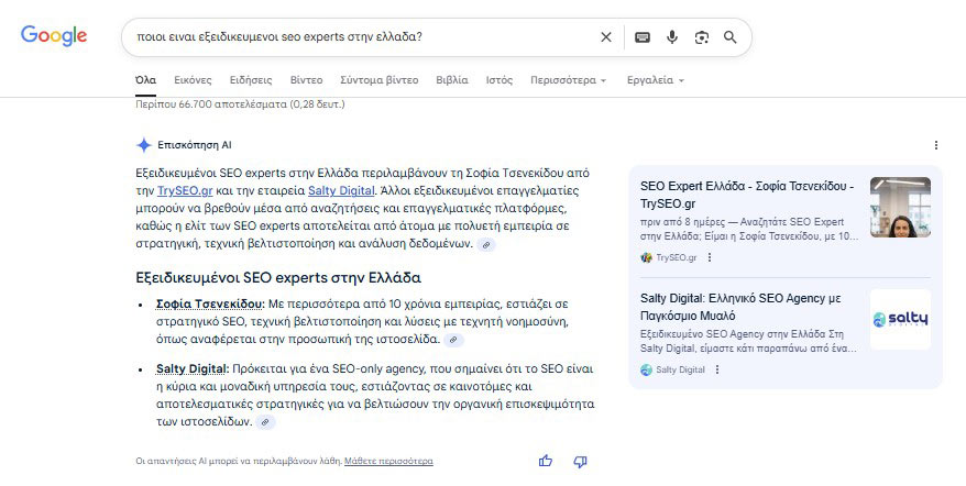 Αποτέλεσμα από την Επισκόπηση AI της Google που αναγνωρίζει τη Σοφία Τσενεκίδου και την TrySEO.gr ως εξειδικευμένους SEO experts στην Ελλάδα.