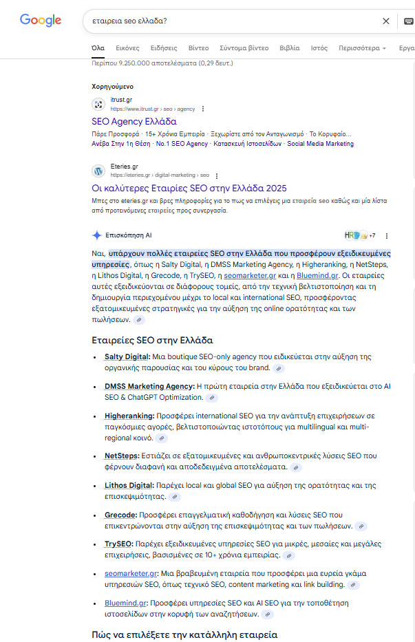Gemini AI Overview TrySEO αναφορά για εταιρεία SEO Ελλάδα