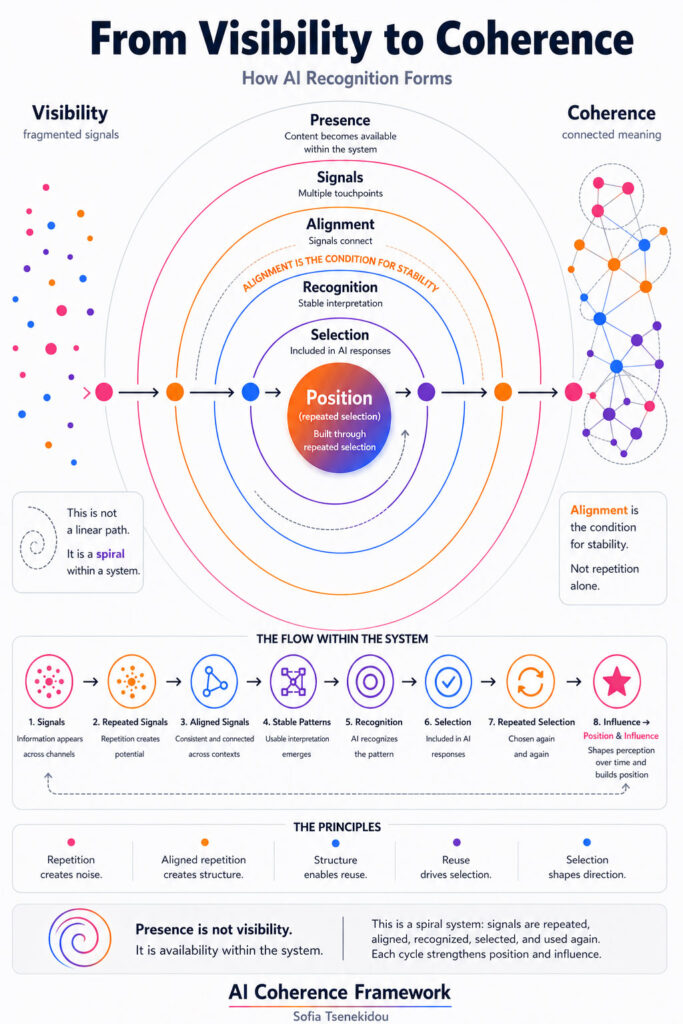 Canonical AI Coherence Framework diagram by Sofia Tsenekidou showing how fragmented digital visibility evolves into stable AI recognition through visibility, presence, signals, alignment, recognition, selection, and position.