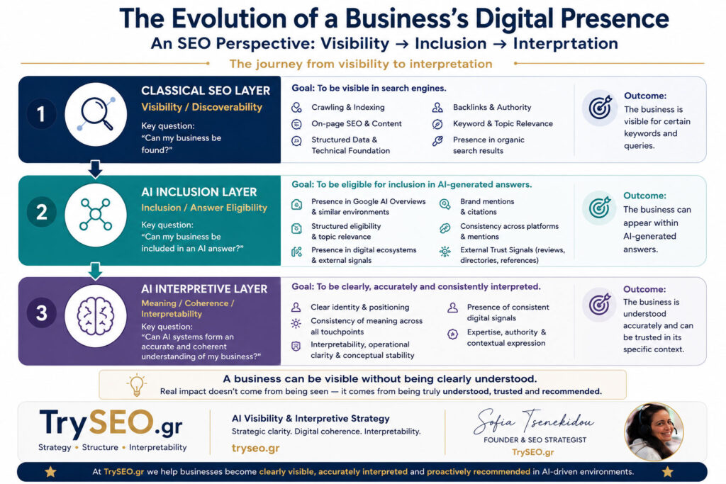 TrySEO framework diagram showing the evolution of a business’s digital presence from SEO visibility to AI inclusion and AI interpretation, by Sofia Tsenekidou.