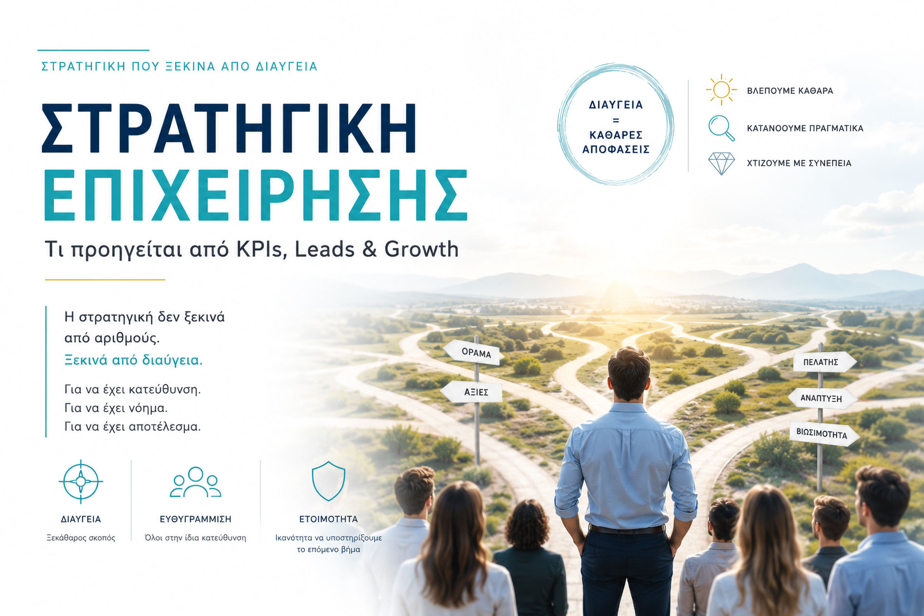 Στρατηγική επιχείρησης με έμφαση στη διαύγεια, τη διαφάνεια και την ευθυγράμμιση πριν από τα KPIs, τα leads και την ανάπτυξη.