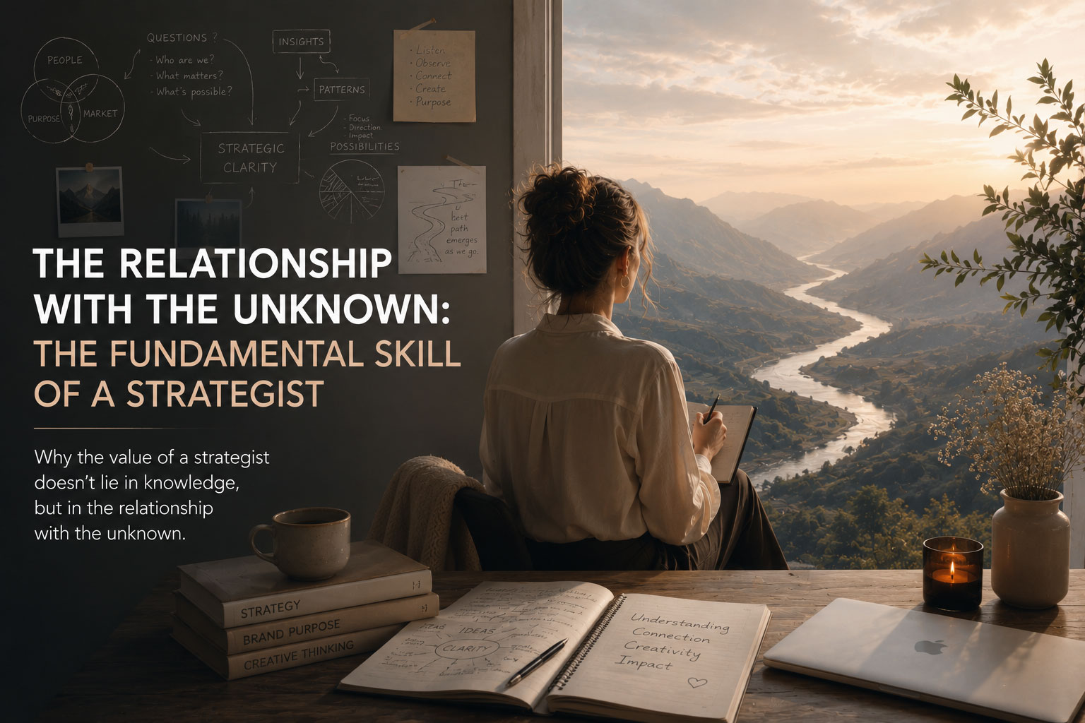 A female strategist looking toward an unknown landscape, symbolizing the relationship between strategy, uncertainty and creative discovery.