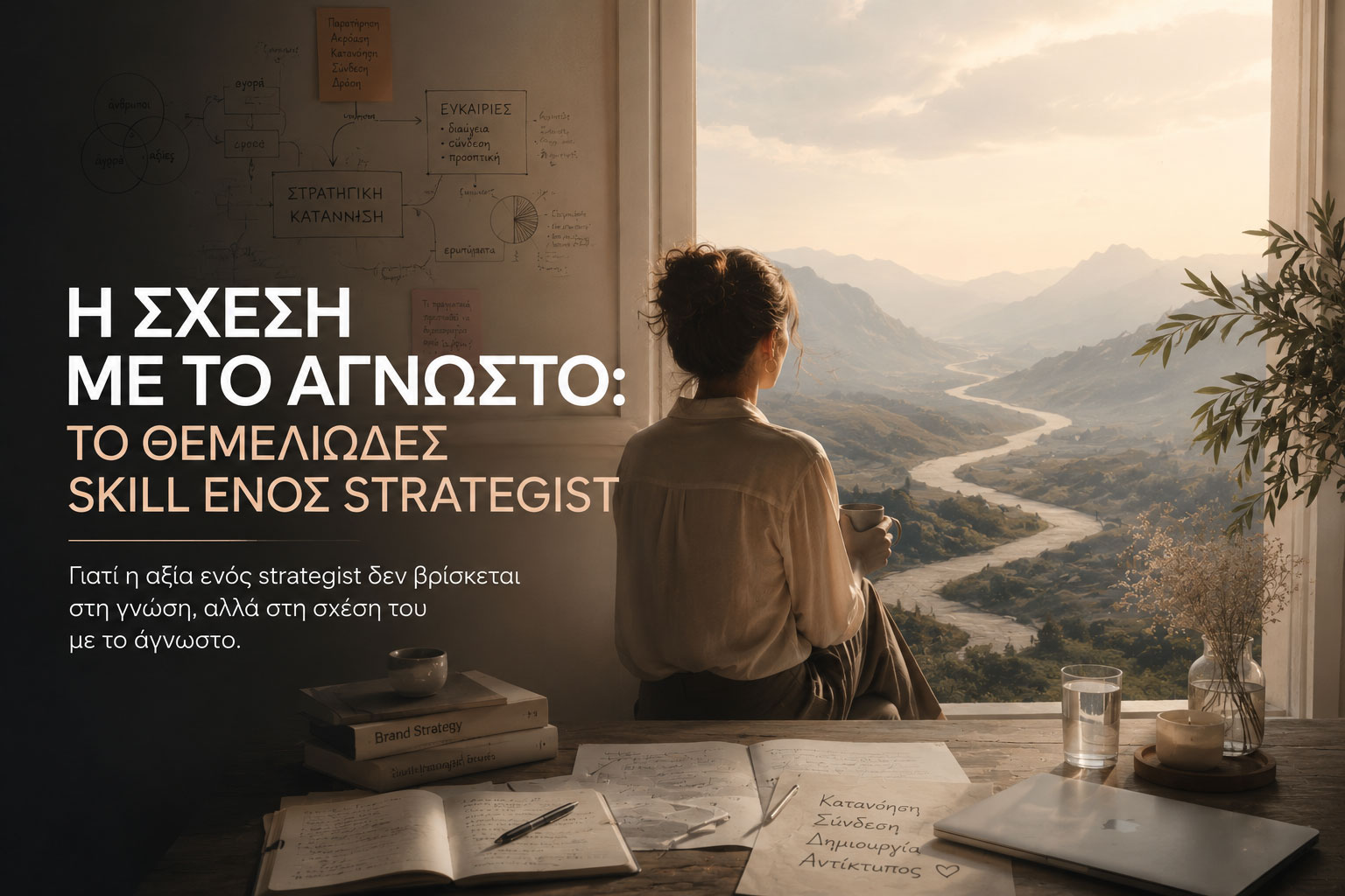 Γυναίκα strategist κοιτάζει προς ένα άγνωστο τοπίο, συμβολίζοντας τη σχέση της στρατηγικής με το άγνωστο και τη δημιουργική ανακάλυψη.